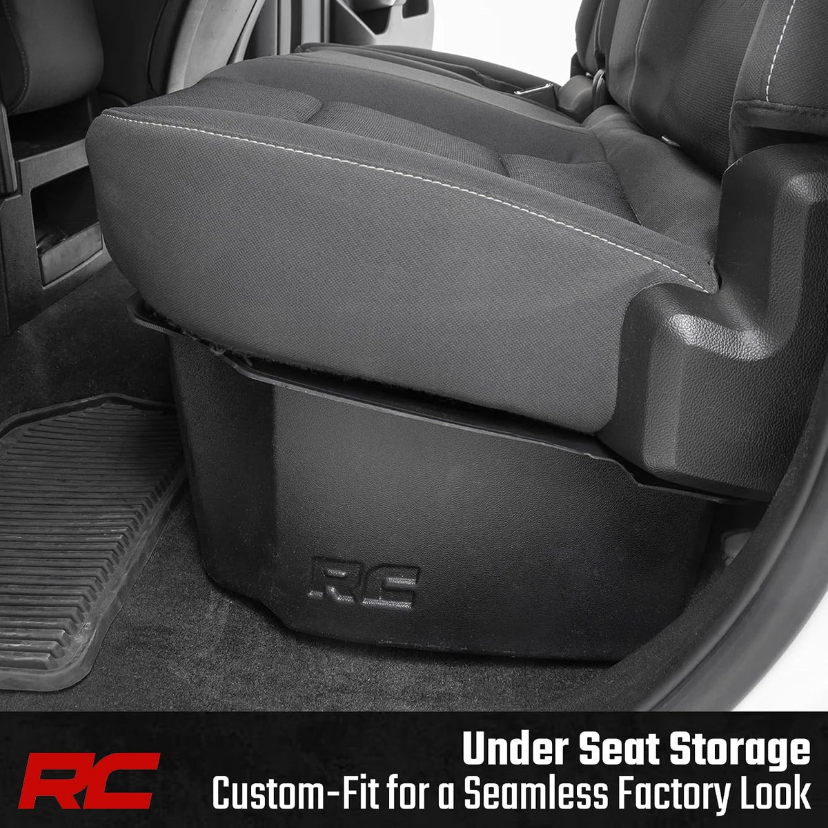 Rough Country Under Seat Storage Box for Chevy Silverado & GMC Sierra 1500/2500HD/3500HD Double Cab (2007–2019) - Custom-Fit Underseat Organizer Tray