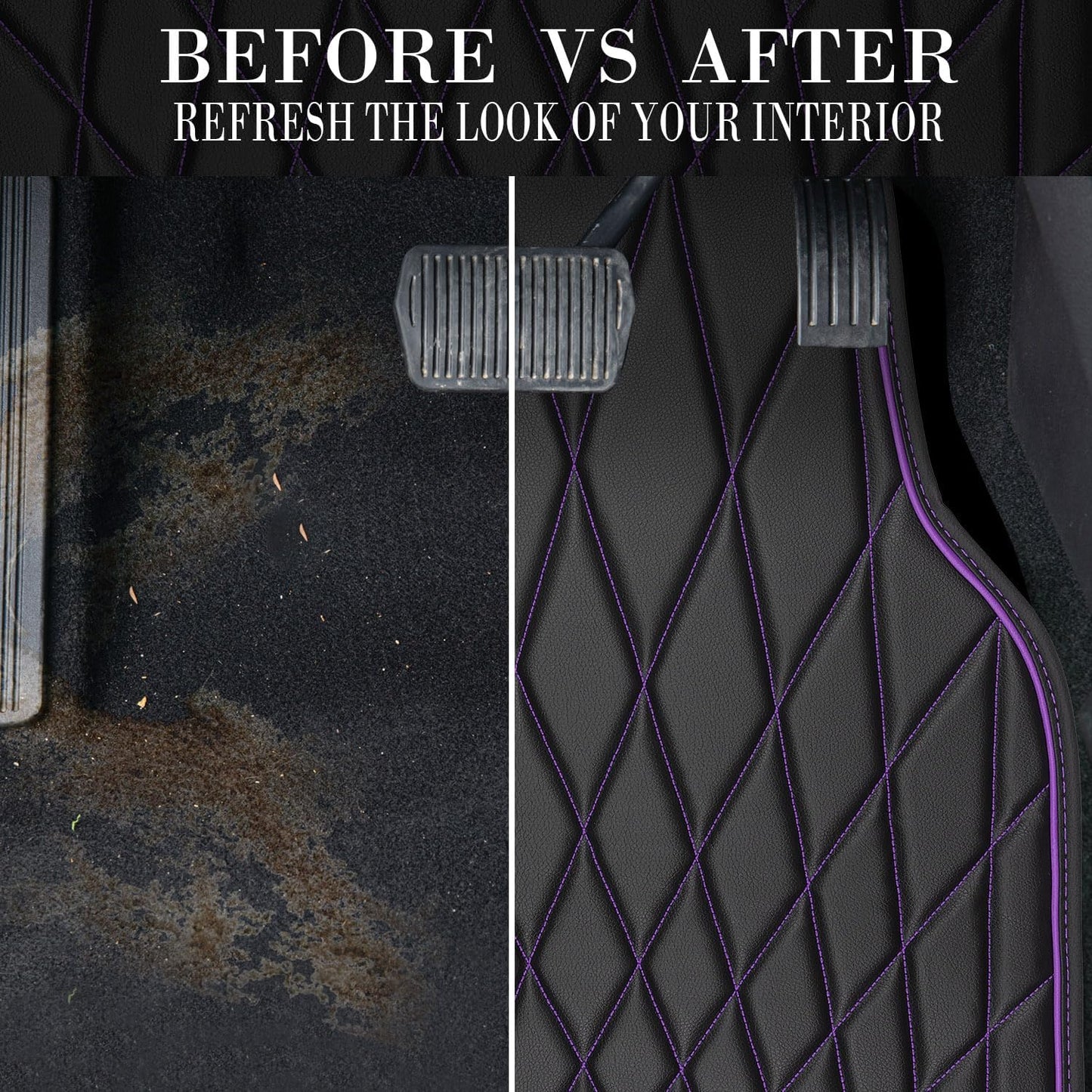 CAR PASS Faux Leather Floor Mats for Cars, Luxury Waterproof All Weather Car Mats Full Set, Anti-Slip Deluxe Automotive Mats Universal Fit for Most SUV Vans Sedans Trucks, 4 Piece Black and Purple