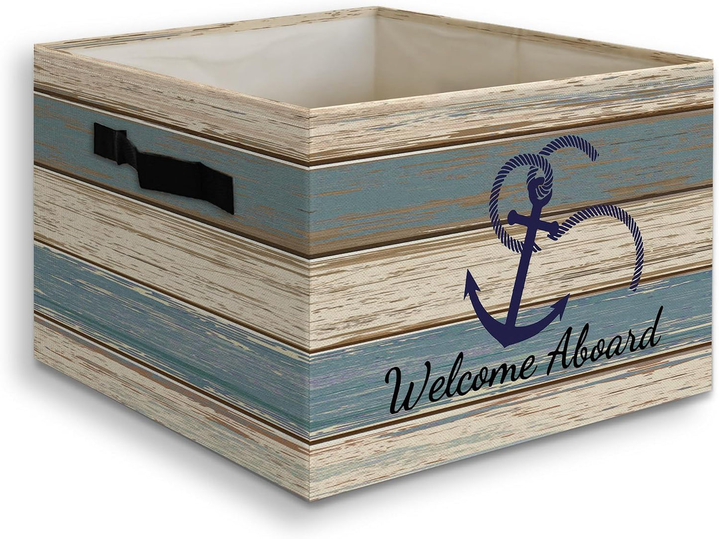 Vintage Nautical Anchor Foldable Storage Bins Box with Handles, Welcome Aboard Ocean Collapsible Organizer Basket for Home Bedroom Bathroom Clothes Toys Books
