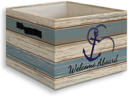 Vintage Nautical Anchor Foldable Storage Bins Box with Handles, Welcome Aboard Ocean Collapsible Organizer Basket for Home Bedroom Bathroom Clothes Toys Books