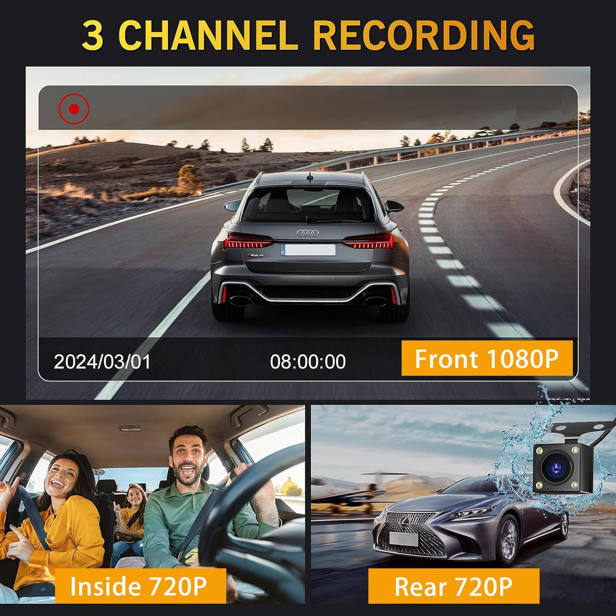 3 Channel Dash Cam Front and Rear with 64G SD Card