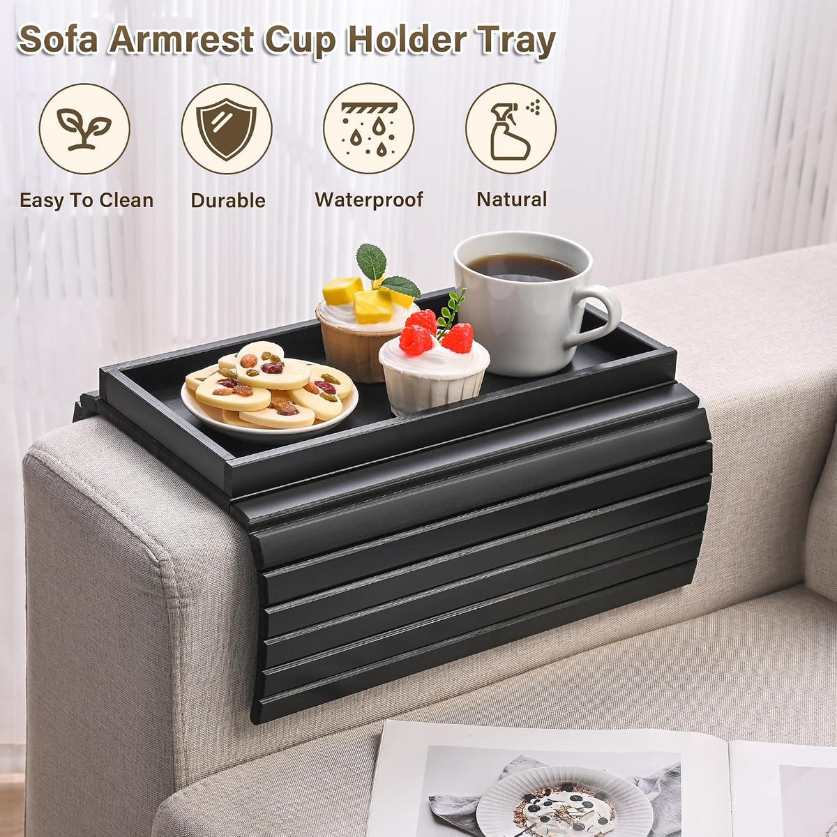 Bamboo Sofa Arm Tray, Anti-Dropping Couch Arm Tray, Foldable Sofa Armrest Tray Couch Arm Table for Eats, Drinks, Snacks, Remote, Cellphone, Cup Holder, Back Anti-Slip Pad Design
