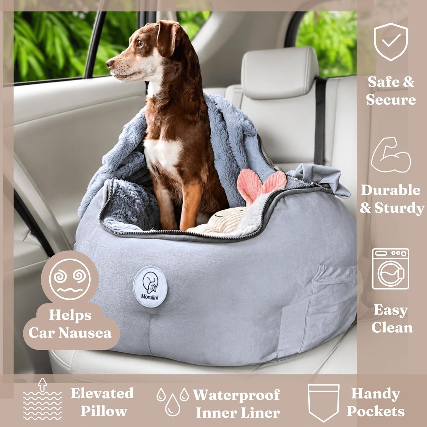 Orthopedic Dog Car Seat for Small Dogs up to 25lbs | Original Calming Burrow Nest, Car Anxiety Relief, 6" Memory Foam Booster & Travel Bed, 5 Point Safety,All Season