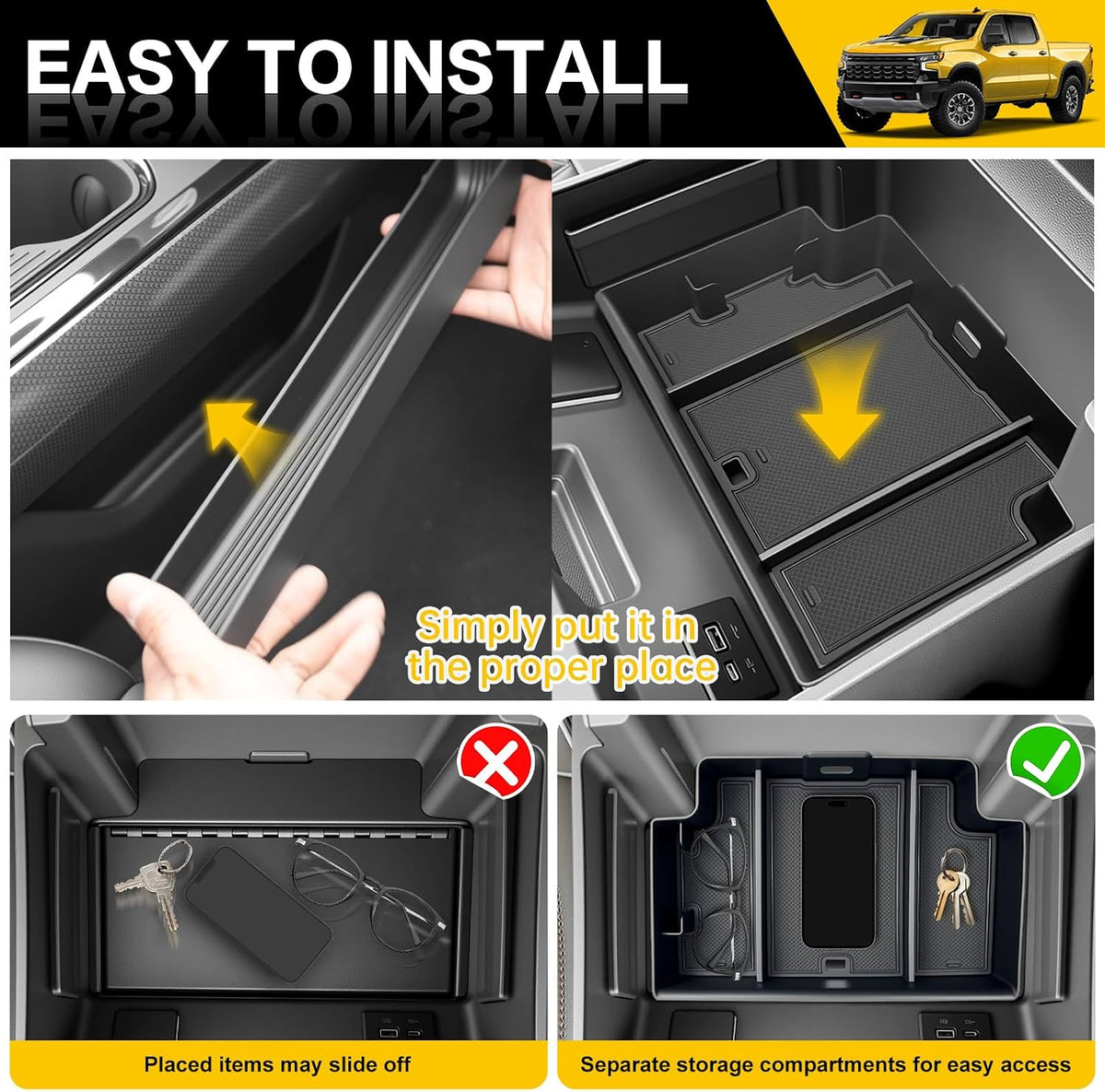 3PCS Center Console Organizer for 2022-2025 Chevy Chevrolet Silverado/GMC Sierra 1500, Armrest Insert Shifter Tray Gear Side Storage Box Accessories(Only Fits Full w/Bucket Seats)