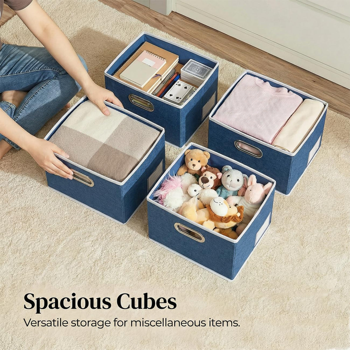 PRANDOM Storage Bins with Lids [3-Pack] Linen Fabric Foldable Storage Boxes Organizer Containers Baskets Cube with Cover for Bedroom Closet Office Royal Blue（11.4X8.6X6.7