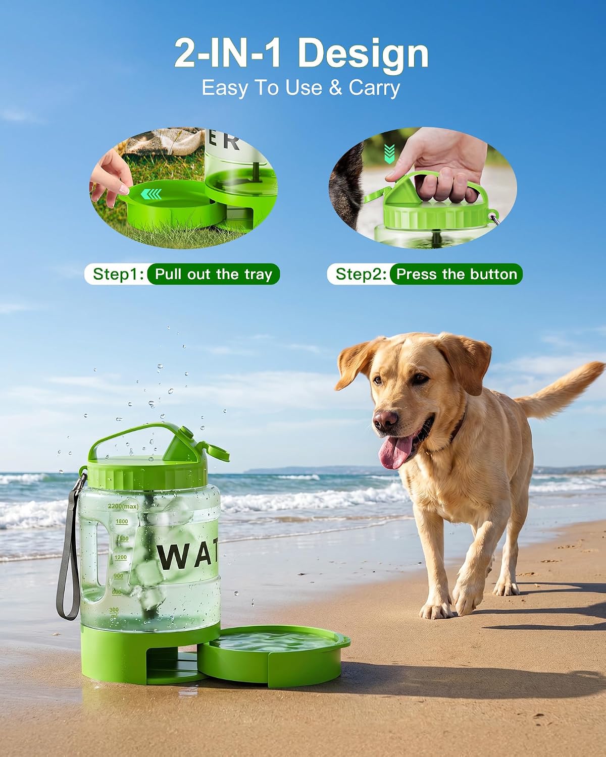 77oz Dog Water Dispenser, 2.2L Large Portable Dog Water Bottle with Pull-Out Drinking Bowl, BPA Free Leak-Proof Pet Travel Water Container for Camping, Hiking, Beach, Car Travel Essentials