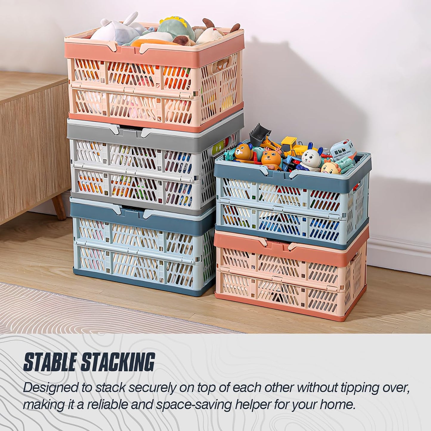 Domiella 2-Pack Foldable Storage Baskets, Collapsible PP Crates with Handles - 20L Capacity, Strong and Portable for Home Organization, Picnic and Shopping, Blue + Pink