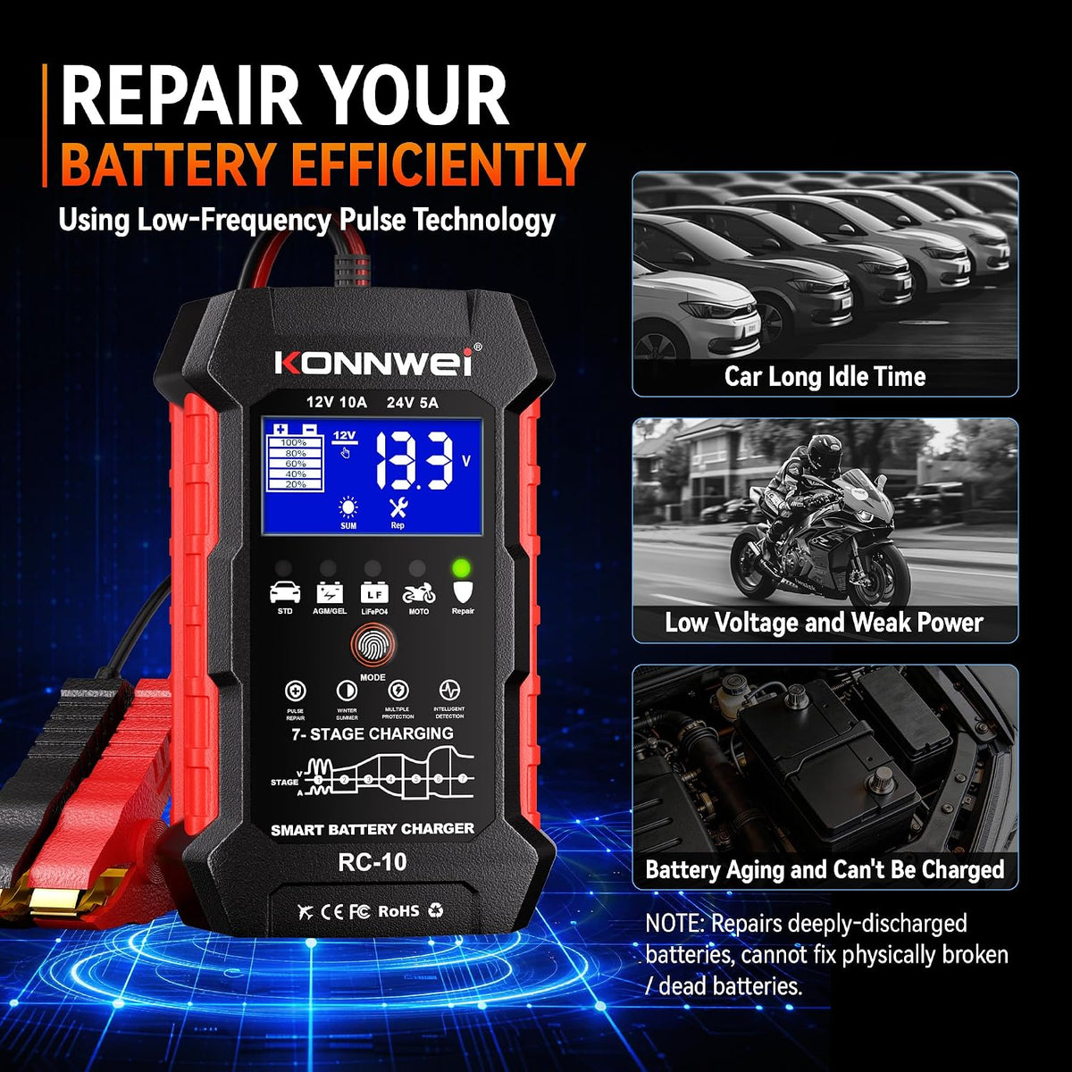 KONNWEI 12V/24V Battery Charger,Smart Trickle Charger Maintainer LiFePO4
