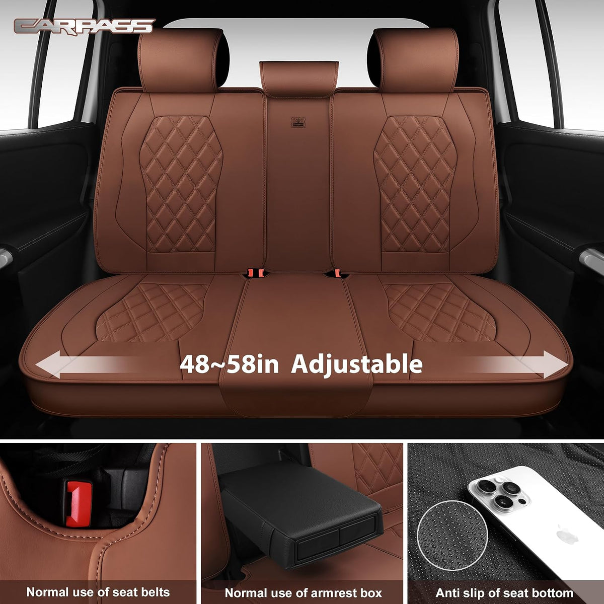 CAR PASS Luxury Nappa Leather Seat Covers Full Set, 3D Rhombus Waterproof Faux Leather Seat Covers, Universal Automotive Seat Cushion Fit for Most Sedan SUV Truck Van, Airbag Compatible Brown