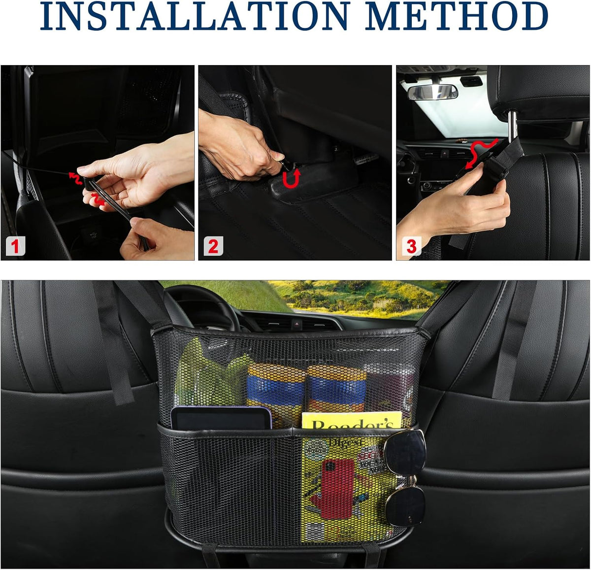 Cavalcade Car Net Pocket, Back Seat Mesh Organizer, Automotive Console Handbag Holder, Netting Pouch Storage Bag for Car, Barrier of Backseat Pet Kids, Black