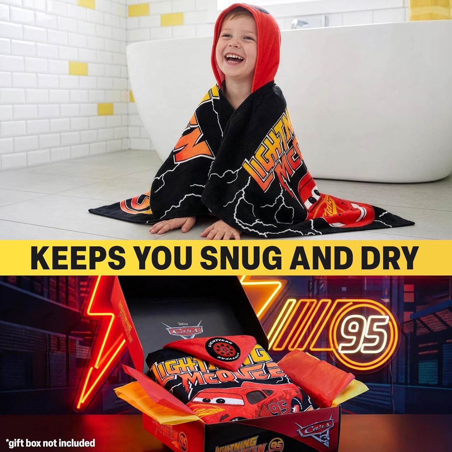 Disney Pixar Cars Bath Towels with Hood for Boys, Ages 2-6, Lightning McQueen Soft and Absorbent Hooded Cotton Beach Towel Wrap, Swimming Pool Poncho, Gifts for Boys (Red/Black Cars)
