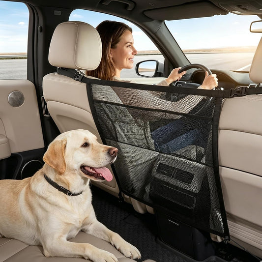 Dog Car Barrier for Backseat Safety, Dog Gate for Car with Mesh Storage Pocket, Pet Net Divider for Car SUV Truck, Car Divider for Dogs, Durable Scratch-Resistant Net, Universal Fit Easy Install