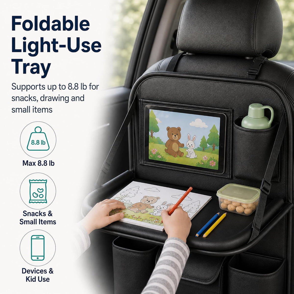 Backseat Car Organizer with Tray, Car Seat Back Organizer, 1 Pack