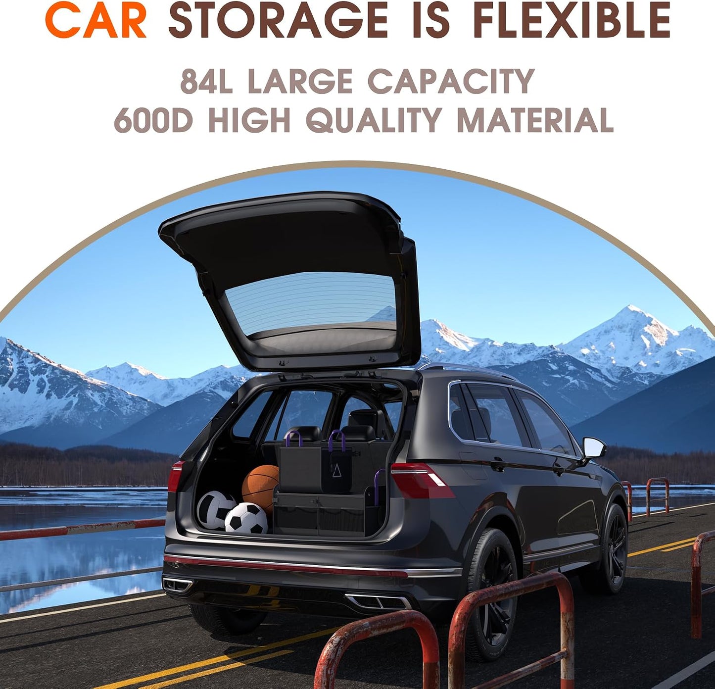 SugarFox Car Trunk Organizer SUV, 84L SUV Trunk Organizer – Waterproof Foldable Modular Trunk Organizer with Mesh Pockets, Non-Slip Base, Black - M313