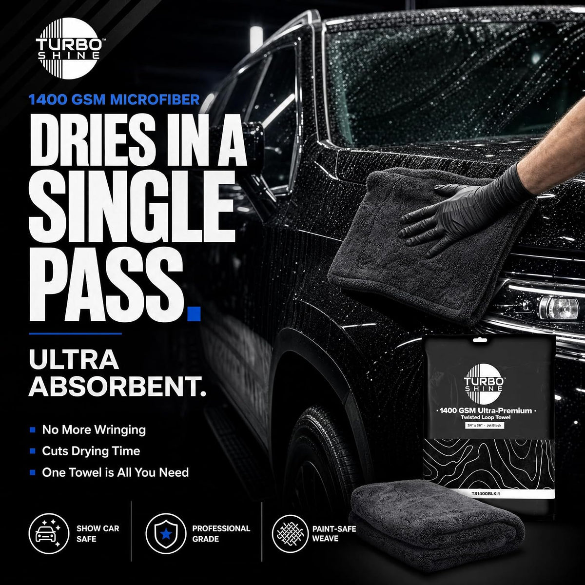 1400 GSM Microfiber Car Drying Towel, Twisted Loop, Streak-Free, Lint-Free, 24x36 Inch Ultra Premium Car Wash Towel (1, Jet Black, 24" x 36")
