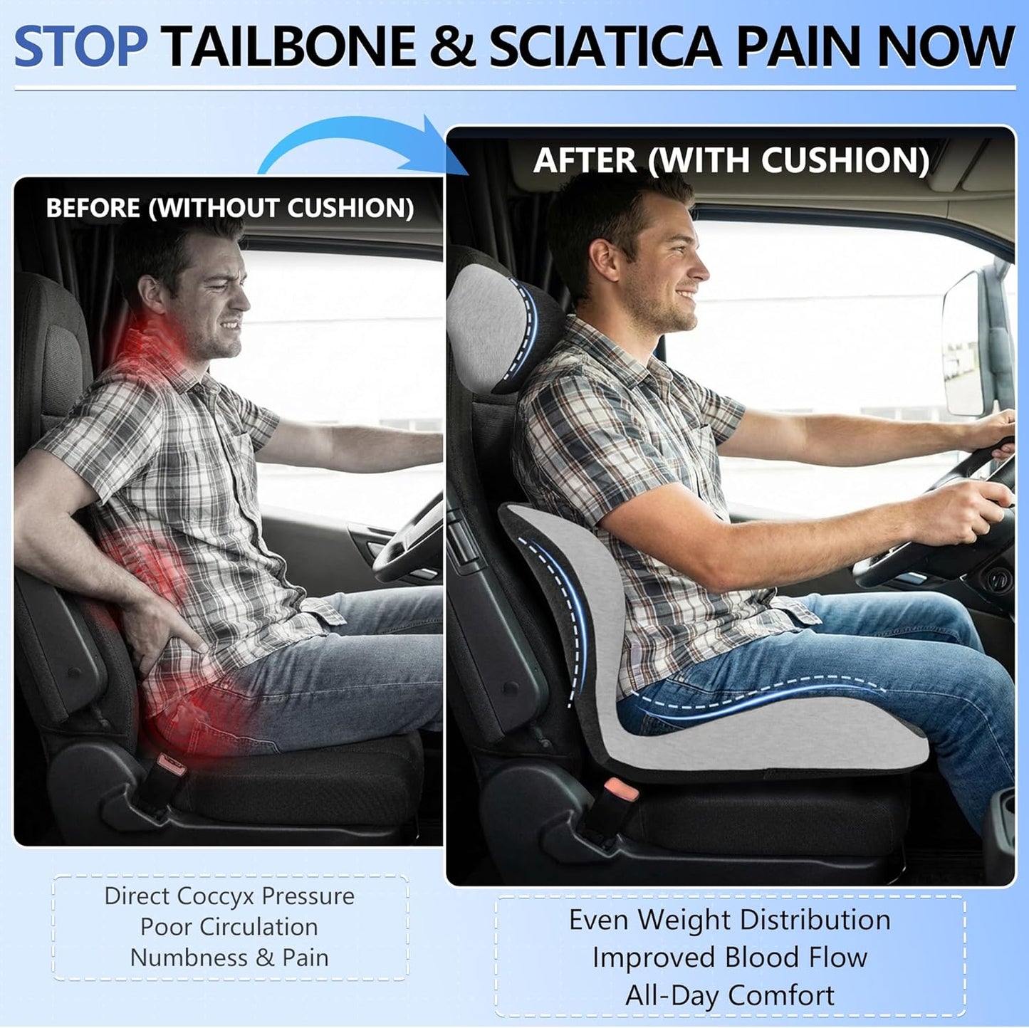 Truck Driver Seat Cushion Set - Memory Foam for Lower Back & Sciatica Pain Relief - Ergonomic Headrest Neck Pillow for Semi Truck & Car Dark Gray
