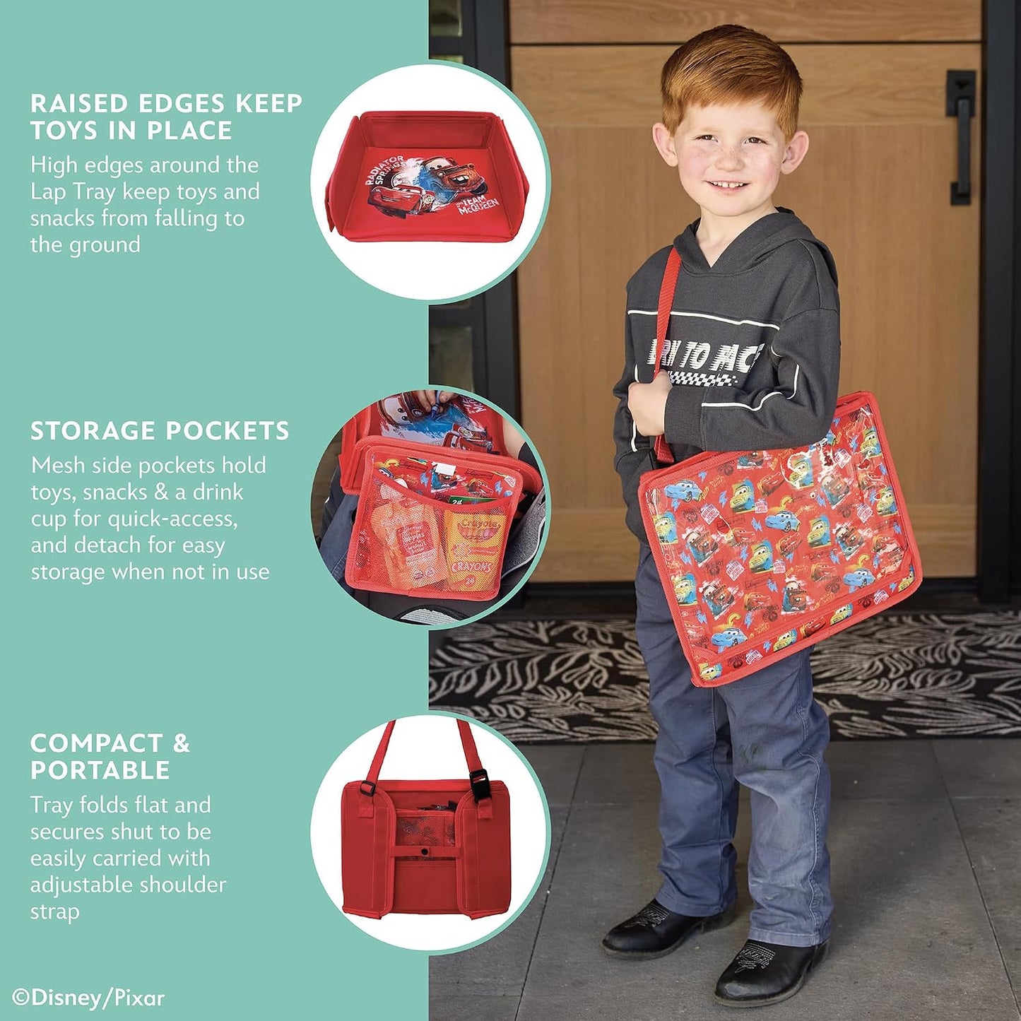 J.L. Childress Disney Baby 3-IN-1 Kids Travel Tray & Tablet Holder - Car Seat Lap Tray Desk for Toddlers, Road Trip Essentials, Activity Table, Travel Accessories - Cars