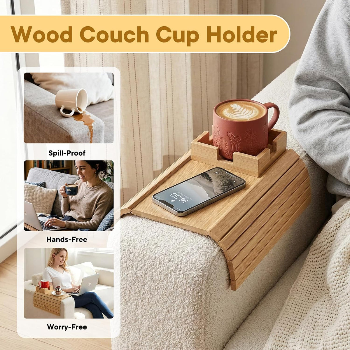 Bamboo Couch Cup Holder & Armrest Tray - Extend Your Comfort with a Secure Drink Slot and Snack Space for Recliner, Loveseat, or Sofa (Extra Large)