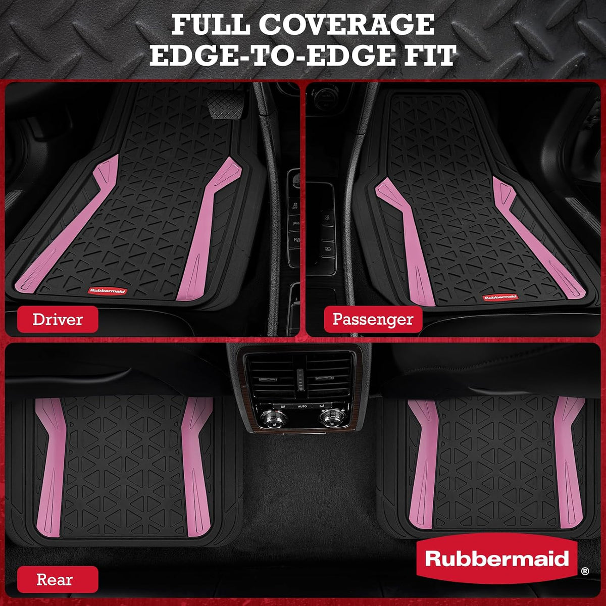 Rubbermaid Car Floor Mats Full Set, Premium Heavy Duty All-Weather Car Mats– Rugged Rubber with Brushed Aluminum Inserts, Universal Trim-to-Fit, Anti-Slip Backing for Cars, SUVs, Trucks & Vans - Pink