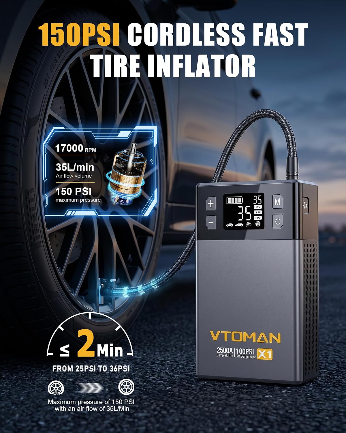VTOMAN X1 2500A Jump Starter,150PSI Air Compressor for 8.5L Gas/6L Diesel