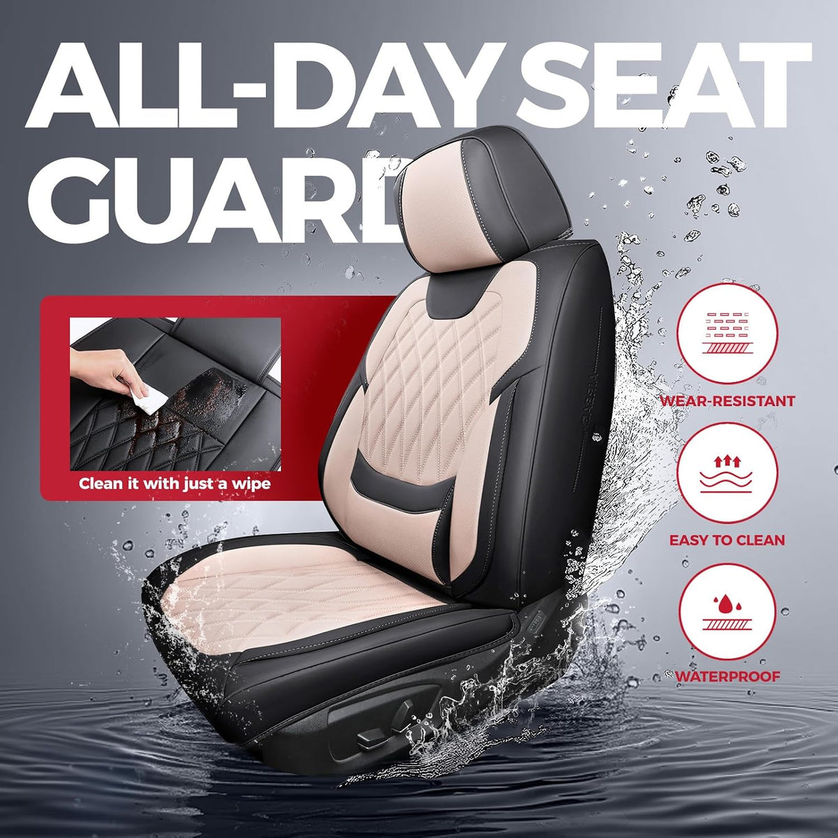 FREESOO Car Seat Covers Full Set Faux Leather Universal Fit Black Beige