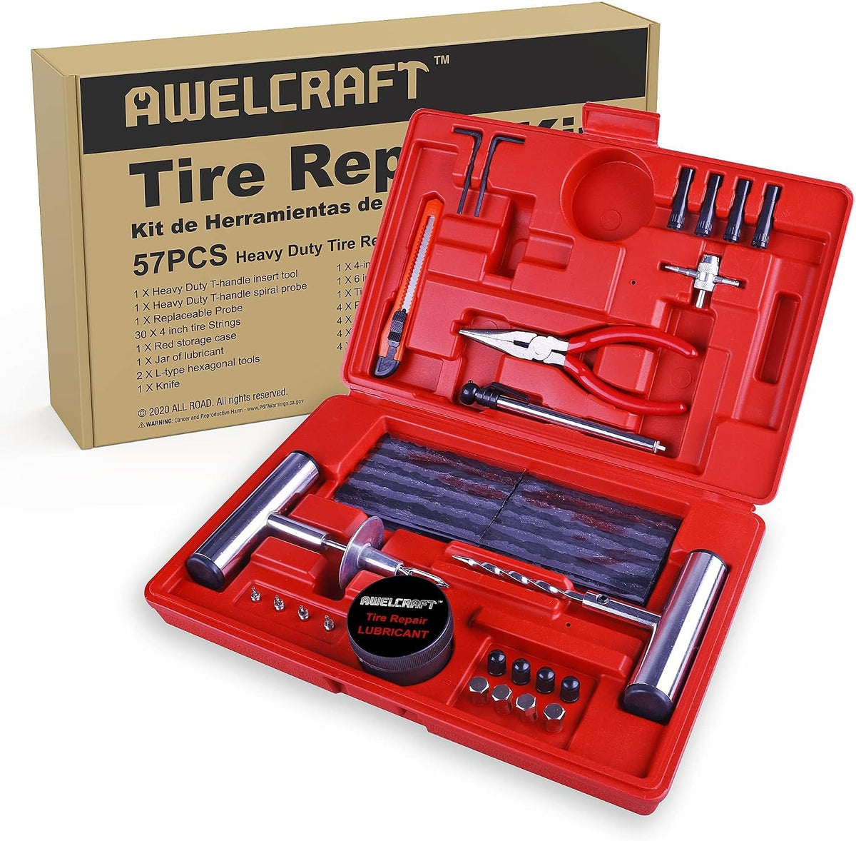 AWELCRAFT 57-Piece Tire Repair Kit – T-Handle Tools with Valve Kit & Case