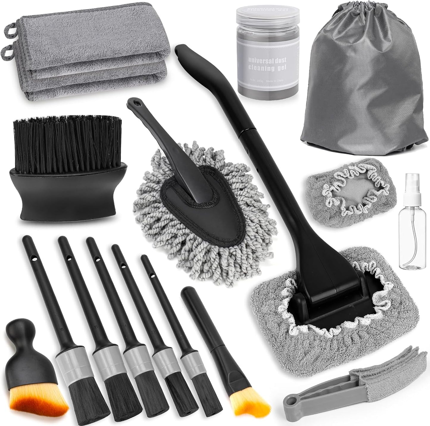 Windshield Cleaner Tool, 18Pcs Car Interior Detailing Brush Set, Inside Windshield Cleaning Kit with 200g Cleaning Gel, Duster Brush, 2 Microfiber Pads, Car Detailing Supplies for Men (Gray)