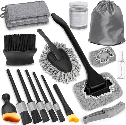 Windshield Cleaner Tool, 18Pcs Car Interior Detailing Brush Set, Inside Windshield Cleaning Kit with 200g Cleaning Gel, Duster Brush, 2 Microfiber Pads, Car Detailing Supplies for Men (Gray)