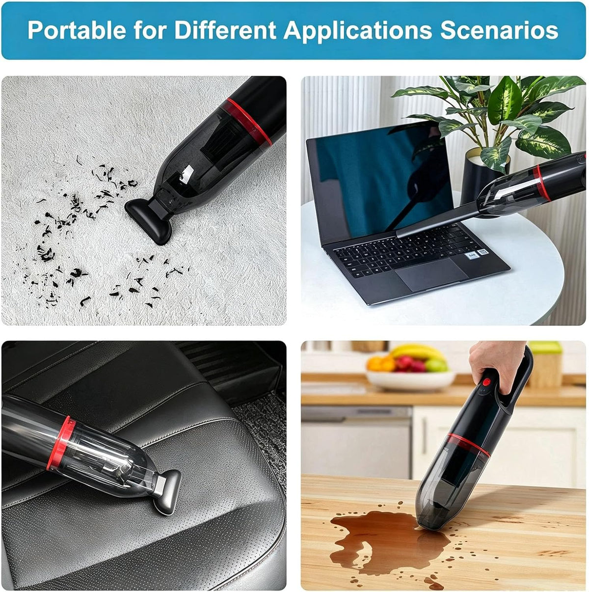 Mini Vacuum, Cordless Car Vacuum with 2 Suction Levels & Washable Hepa Filter, Low Noise Multi-Nozzle Lightweight Hand Vacuum for Car Home Office Red