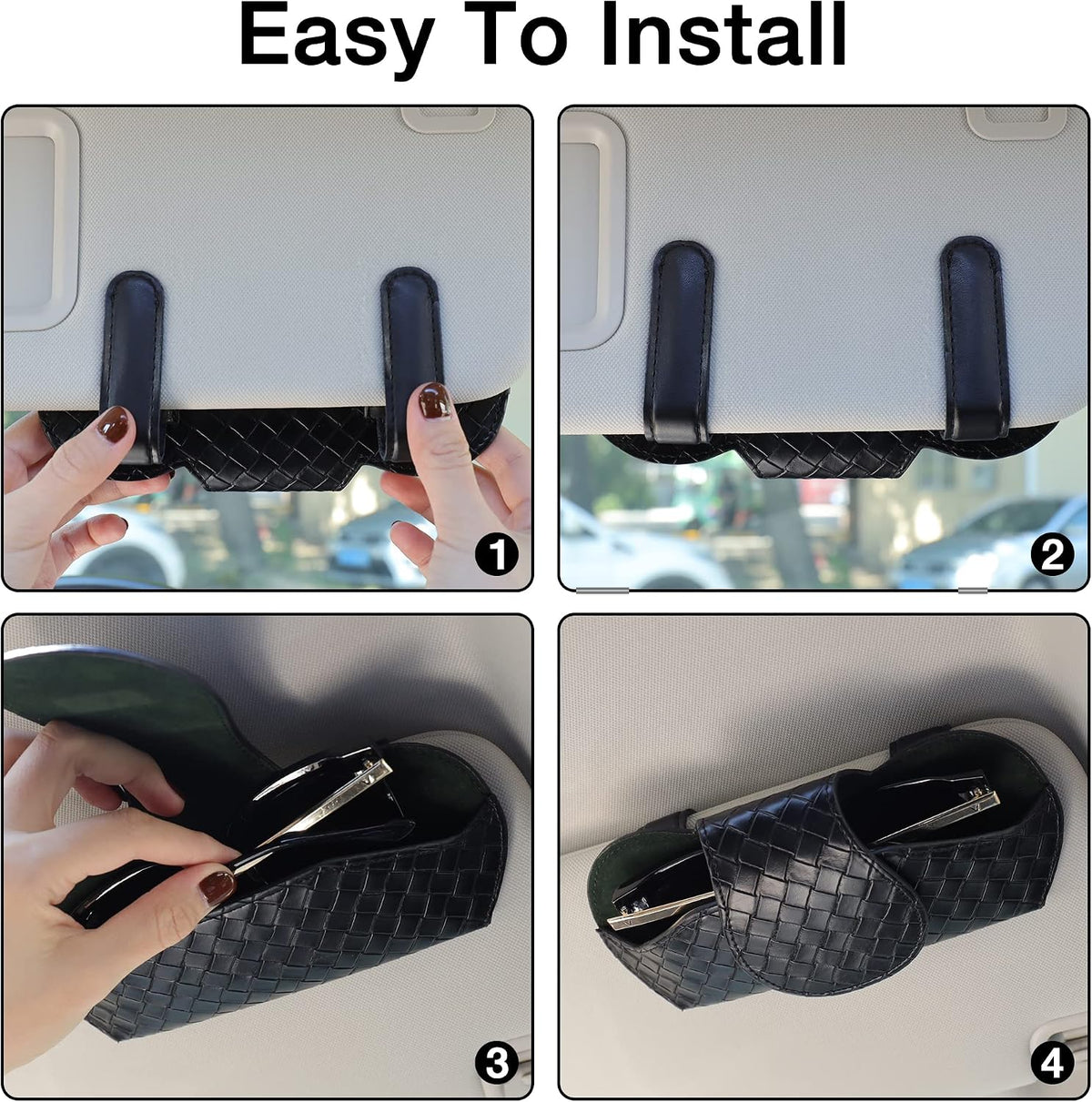 KINIVA Sunglasses Holder for Visor - Leather Glasses Case with Clips for All Car Models (Black)