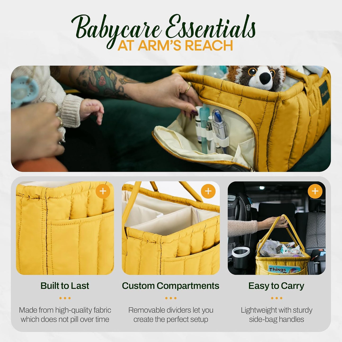 Baby Diaper Caddy Basket Organizer-Sturdy, Breathable & Washable - Stylish Storage, Portable, Car Caddy Organizer, Nursery, Baby Gift Registry Newborn Essentials (Yellow)