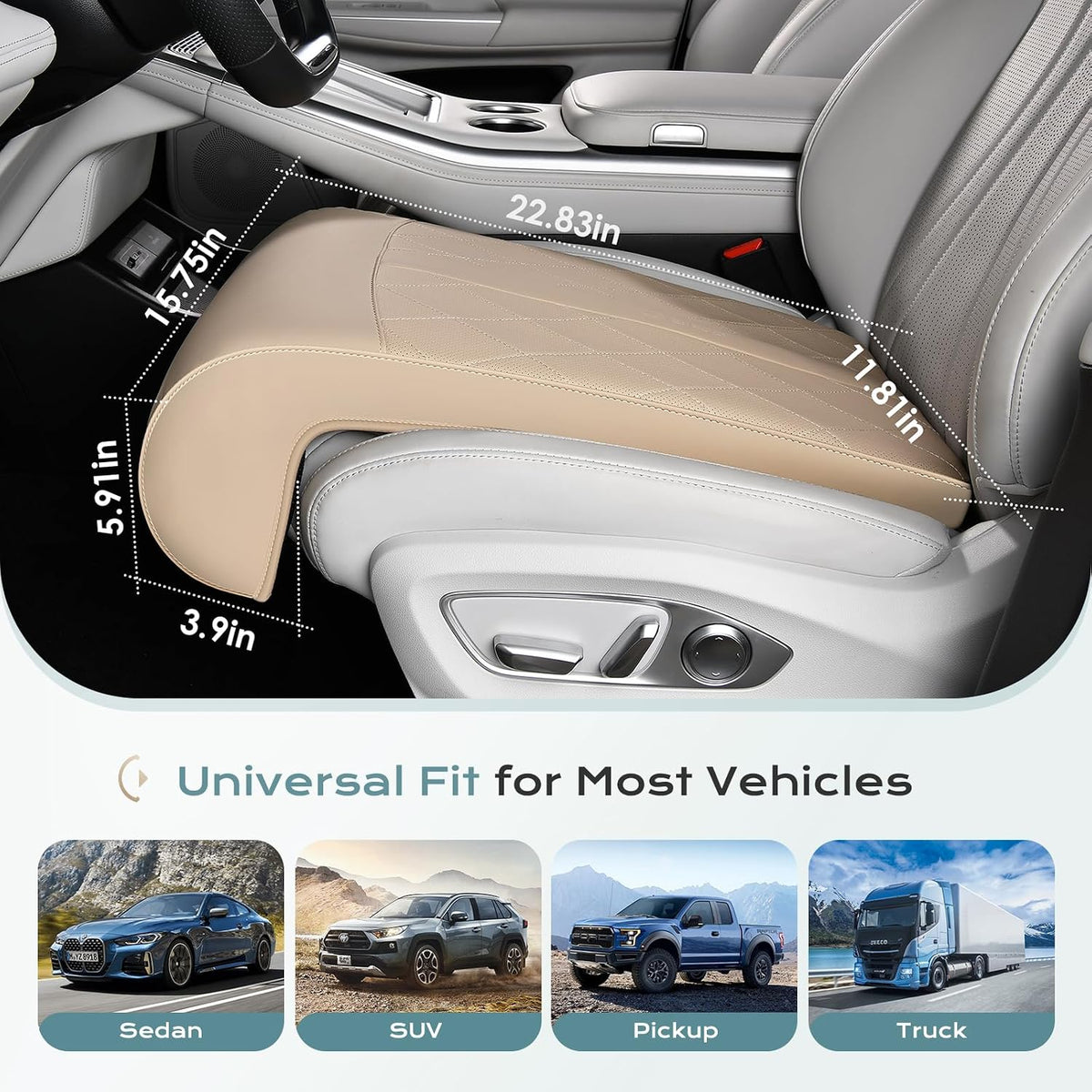 Coverado Car Seat Extender Leg Support, Leather Leg Extender Cushion for Car Seats, Waterproof Car Seat Cushion Universal Fit for Most Vehicles (Beige)
