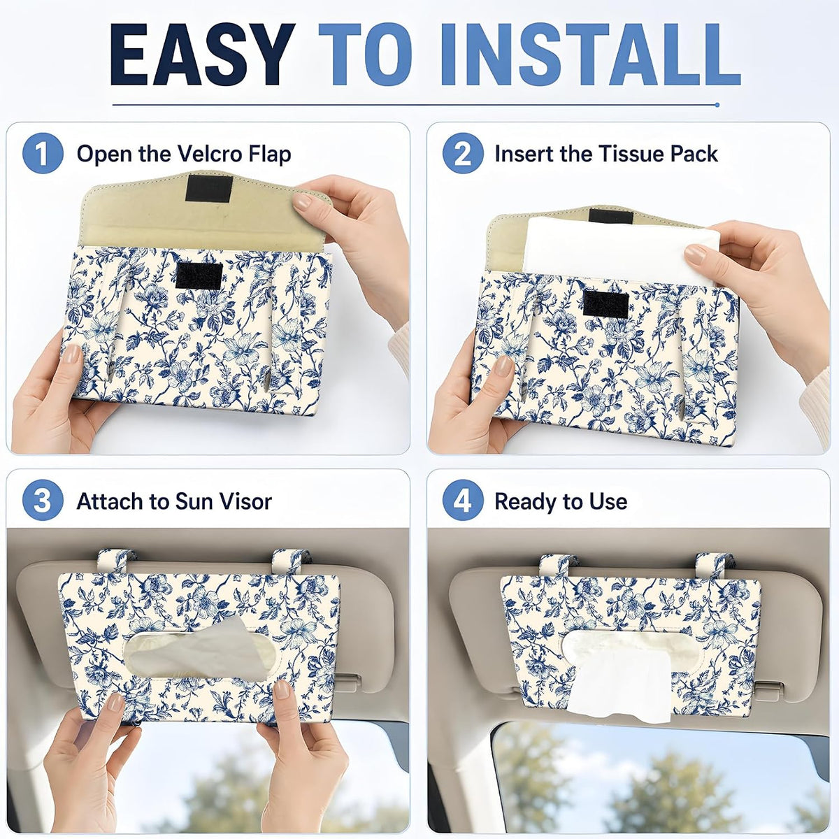 Car Tissue Holder, Cute Sun Visor Napkin Holder Backseat Tissue Case, PU Leather Tissue Box, Funny Car Accessories for Women Men Luxury Blue Flowers