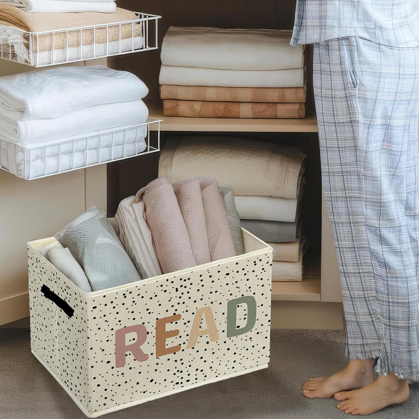 Boho READ Book Storage Bins & Boxes with Handles, Kids Foldable Basket for Organizing, Boho Nursery Collapsible Storage Basket for Kids Room Bedroom Reading Corner Nook Room Clothes Toys Books