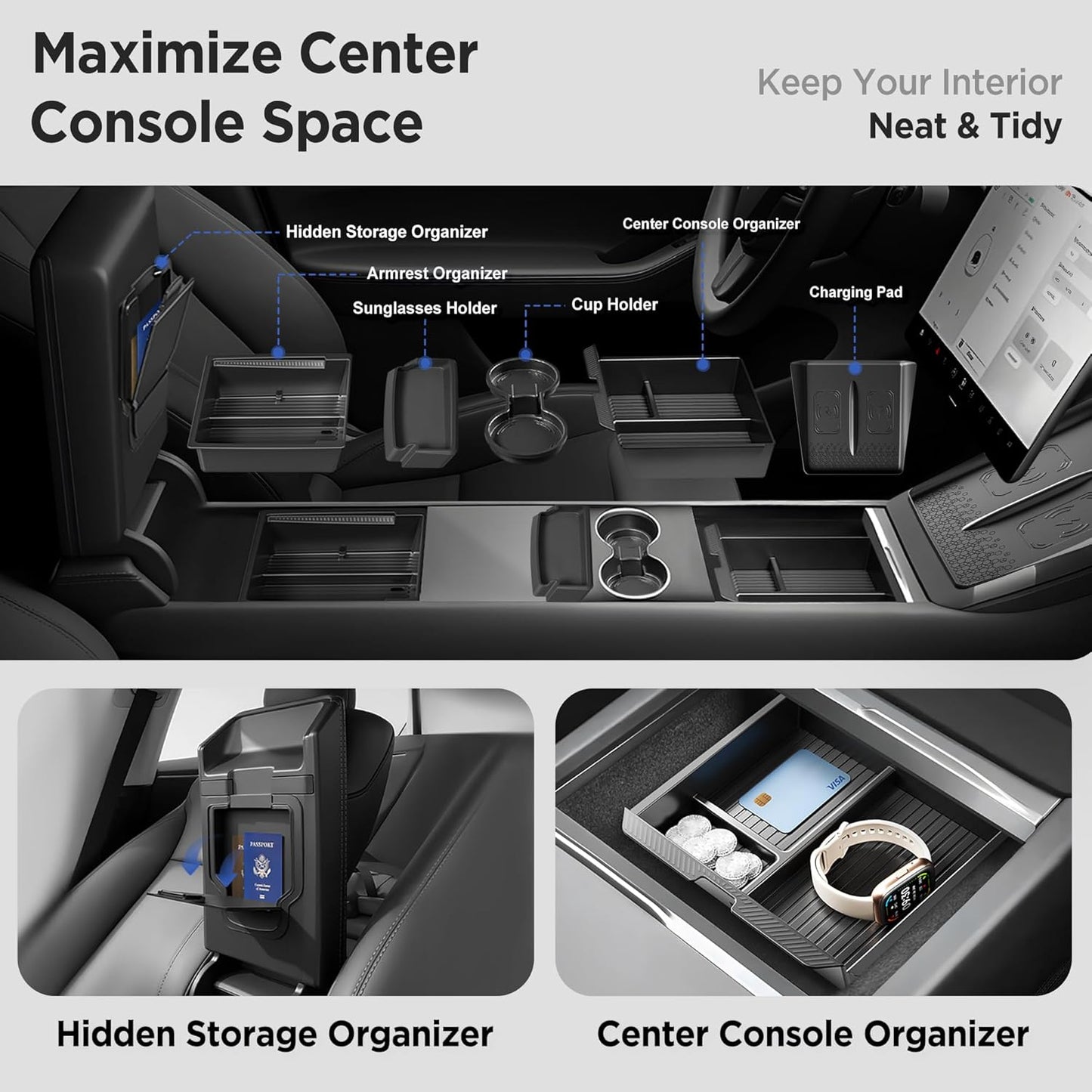 8PCS Center Console Organizer for Tesla Model Y Juniper Accessories 2026 2025 & for Tesla Model 3 Accessories 2024-2026 [Slide Smoothly & US Patent] Charging Pad Sunglasses Cup Holder Black