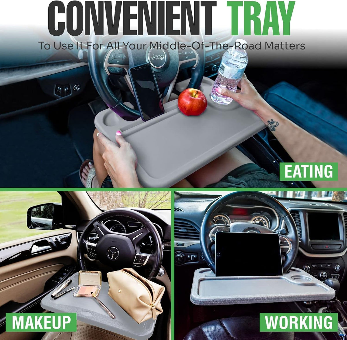 lebogner Steering Wheel Tray, Car Food Trays for Eating with Tablet Slot, Multipurpose Double-Sided Hook On Travel Auto Steering Wheel Desk Table for Laptop & Notebook with Cup Holder, Grey