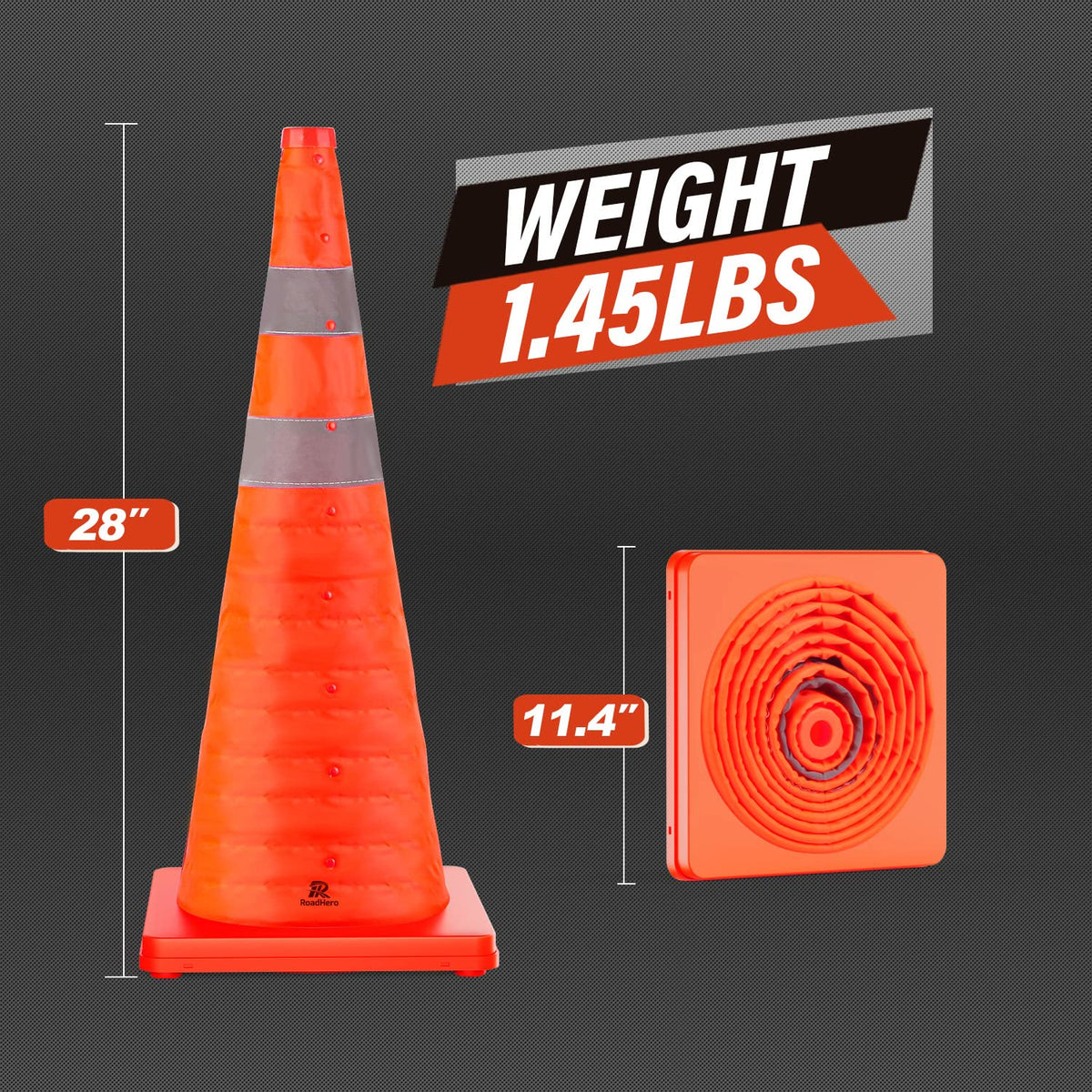 RoadHero 28 Inch 4 Pack Collapsible Traffic Safety Cones with Bag, Orange