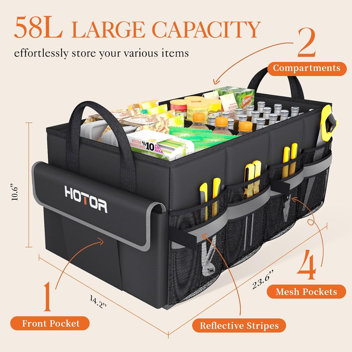 HOTOR Trunk Organizer - Collapsible Car Organizer for SUV, Sedan & Van