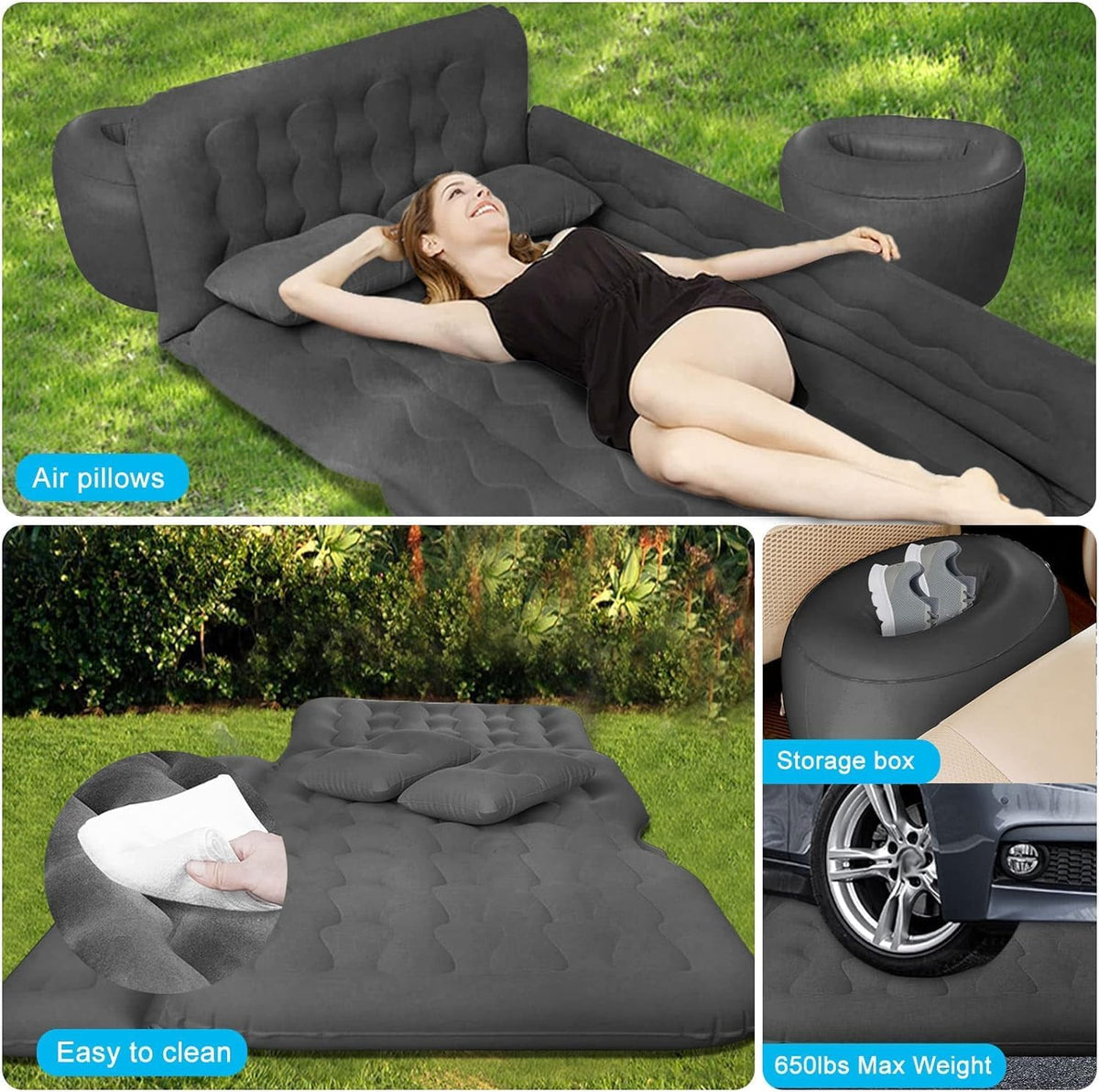 Car Bed SUV Air Mattress, Car Air Mattress with Electric Pump, 2 Inflatable Pillows and 2 Footrests for Back Seat, Side Seat,Trunk Sleeping, Thickened Camping Bed - Black