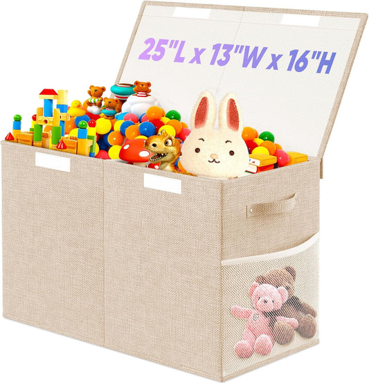 Large Toy Storage Box with Lid Divider, Sturdy Collapsible Toys Organizer Chest Kids Storage Bins Boxes Baskets for Boys, Girls, Nursery, Bedroom, Living Room, Playroom, 25"x13"x16", Beige