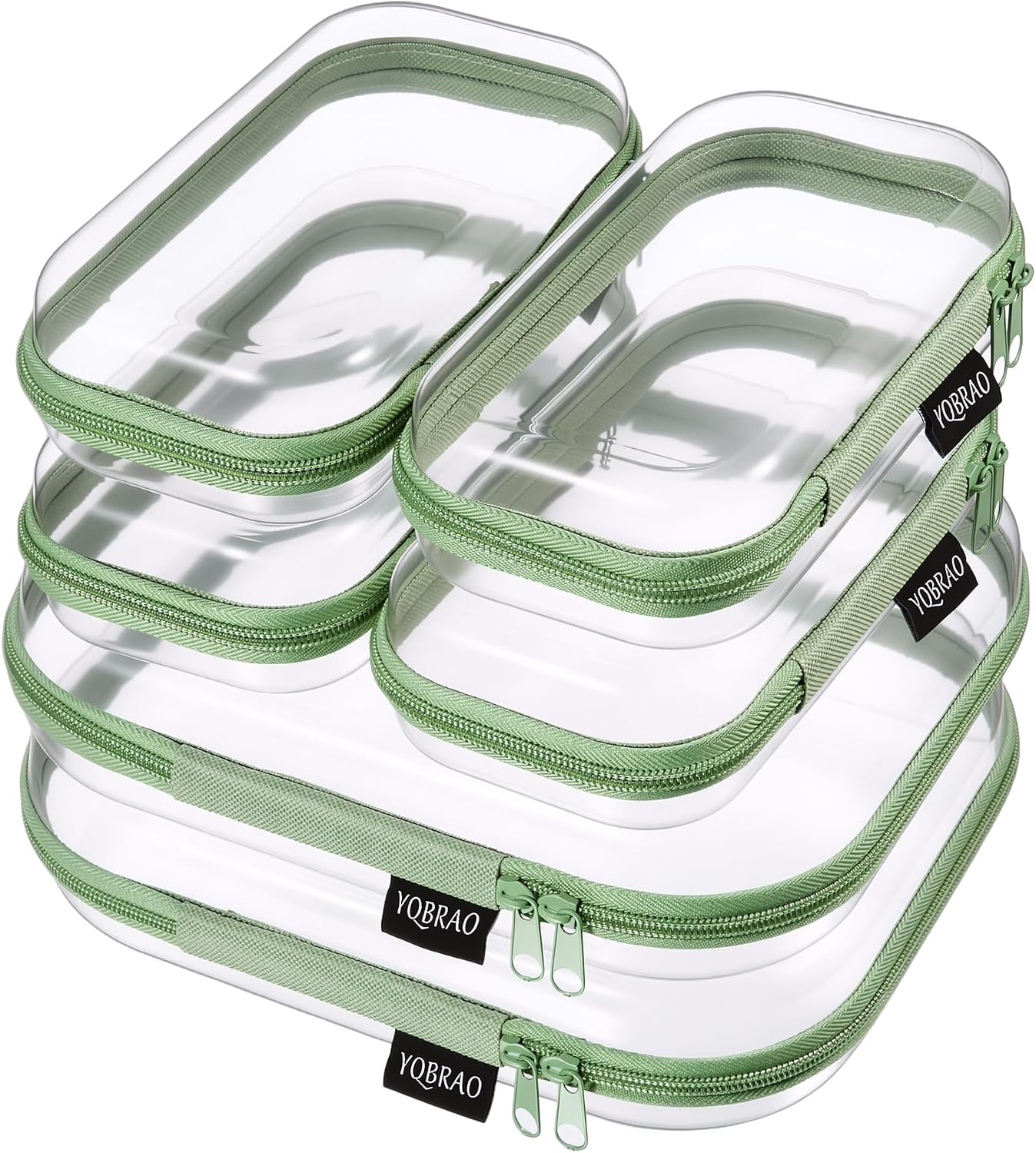 6 Pack Green Clear Hard Shell Beauty Organizer (2M+4S), 1.2mm Heavy Duty Crush-Proof Cosmetic Case, Reinforced YKK Zippers, Stadium Approved Security Bag for Skincare & Electronics, Multi-Size Set