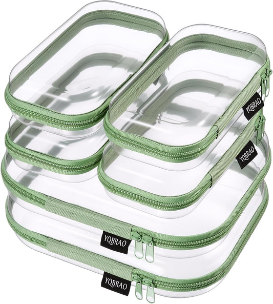 6 Pack Green Clear Hard Shell Beauty Organizer (2M+4S), 1.2mm Heavy Duty Crush-Proof Cosmetic Case, Reinforced YKK Zippers, Stadium Approved Security Bag for Skincare & Electronics, Multi-Size Set