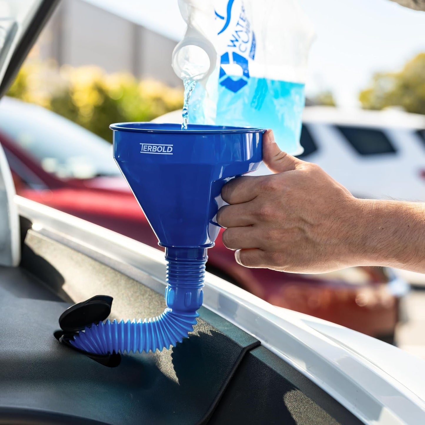 Automotive Flex Funnel with Hose & Mesh Filter (2-Pack) – Wide Mouth Oil Funnel for Gas & Transmission Fluid – Color Coded Flexible Set for Garage & Emergency Kit (Black & Blue)