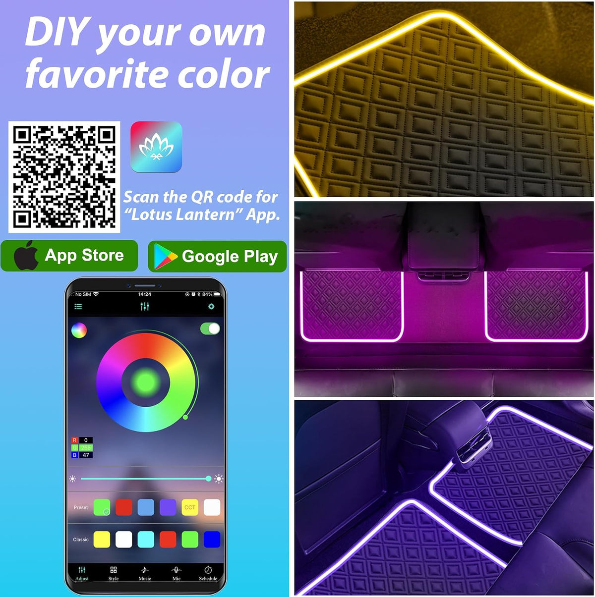 Car Floor Mats with Led Strip Light, Premium Universal Fit Black Automotive Carpet, Interior Car Lights Floor Mats,App Control Faux Leather Anti-Slip Waterproof Neon Car Decor Accessories for SUV Etc.
