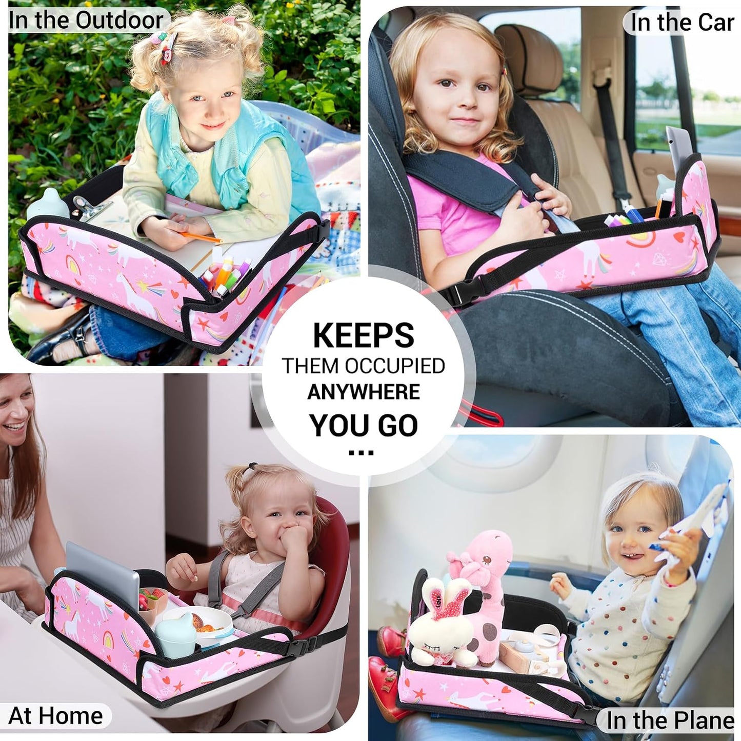 COOLBEBE Kids Travel Tray for Toddler Car Seat, Portable Car Seat Lap Tray with 2 Cup Holders, Pink Unicorn Design for Airplane, Road Trip Activities