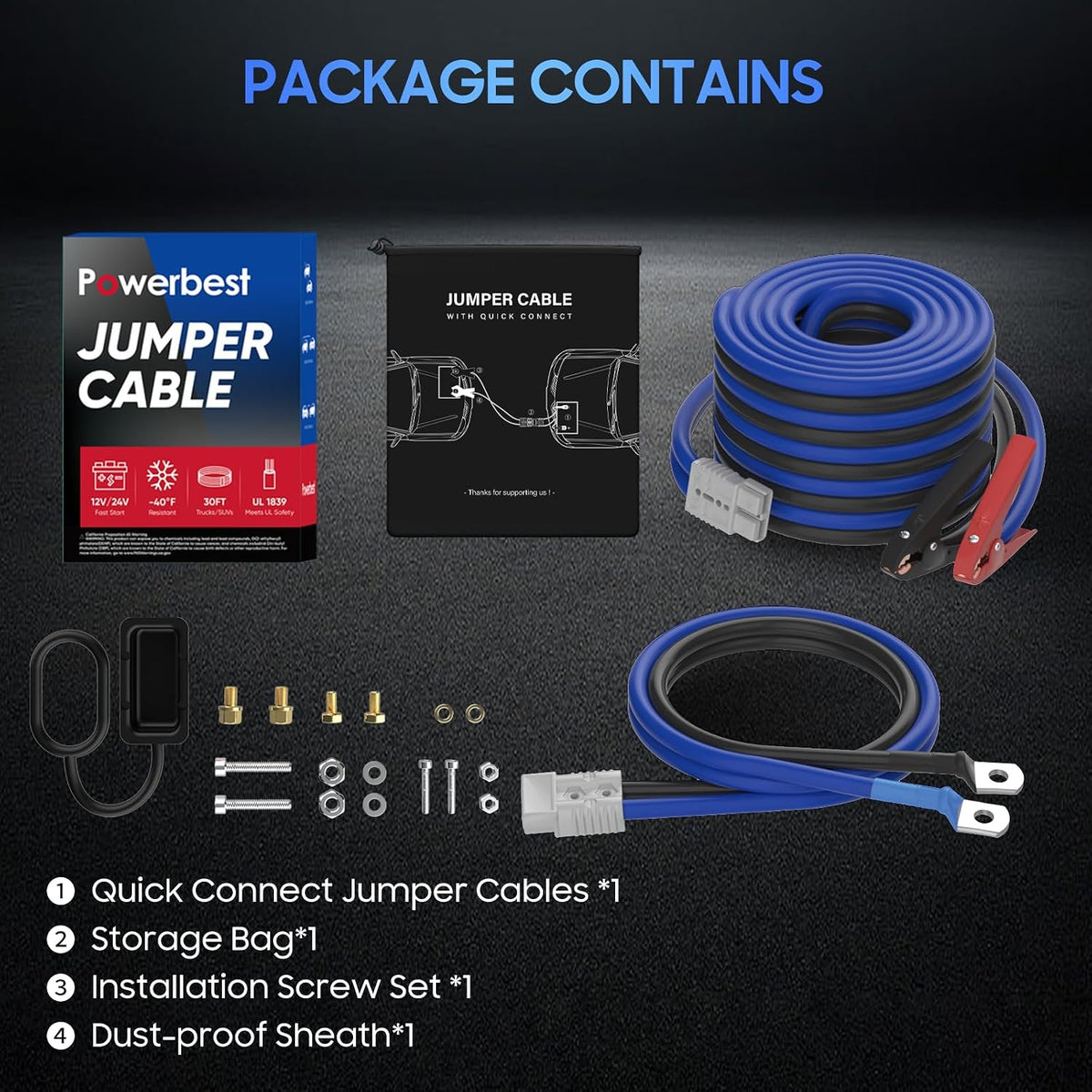 1 Gauge 30 Ft Heavy Duty Jumper Cables - 175A Anderson Connect