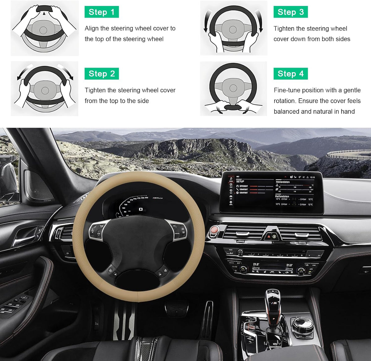 Car Steering Wheel Cover, 15" Breathable Leather Auto Wheel Protector with Comfortable Grip, Non-Slip Perforated Steering Wheel Protective Cover for SUV Truck Sedan Van (Beige)