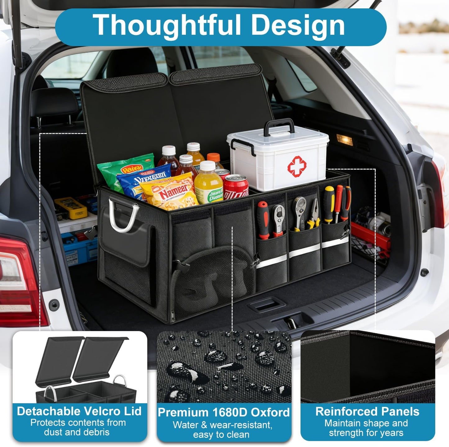 92L Large Collapsible Trunk SUV Organizer with Cover | 1680D Oxford Car Cargo Storage with Dividers, 4 Mesh Pockets, Reflective Strip, and Waterproof bag for Groceries and Wet Gear