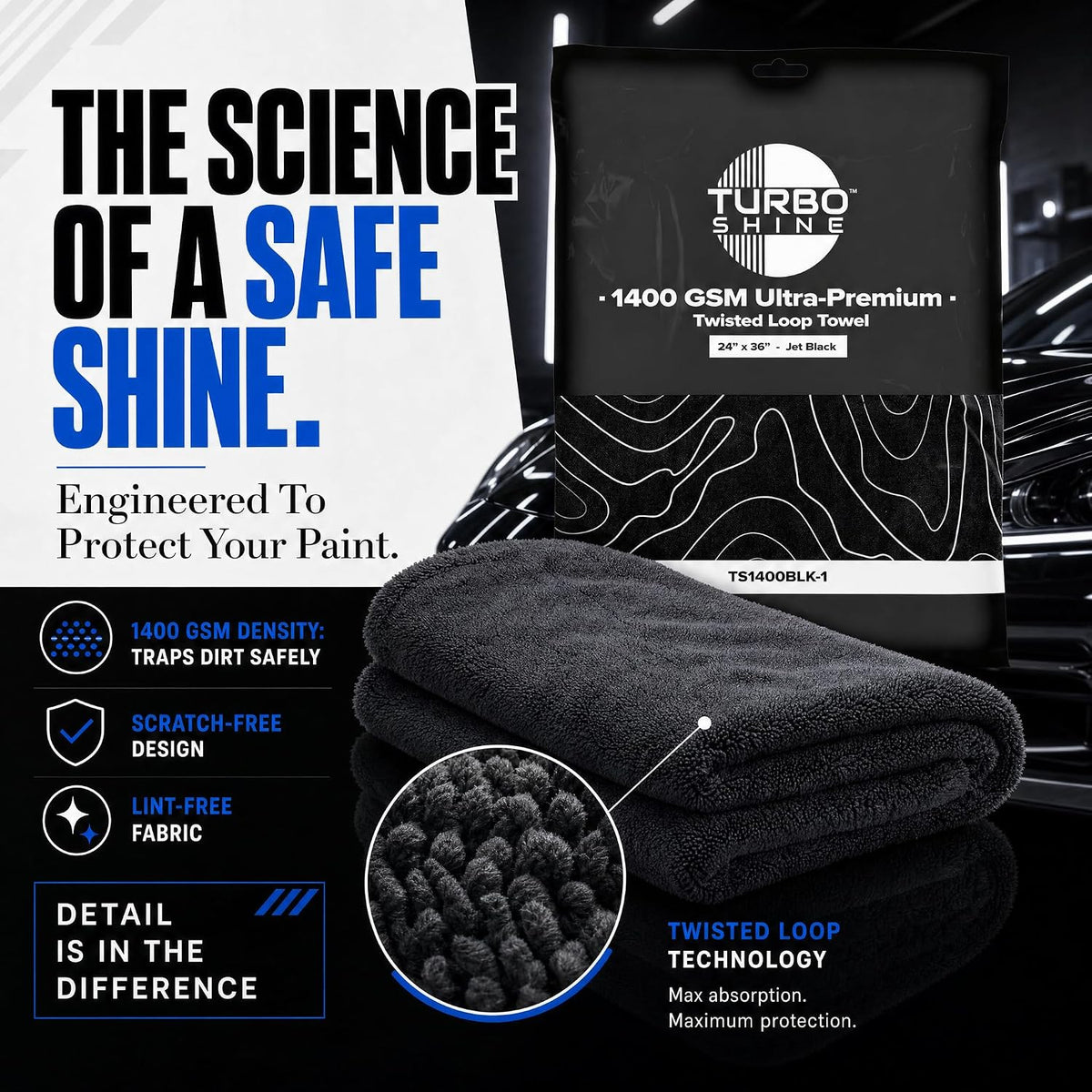 1400 GSM Microfiber Car Drying Towel, Twisted Loop, Streak-Free, Lint-Free, 24x36 Inch Ultra Premium Car Wash Towel (1, Jet Black, 24" x 36")
