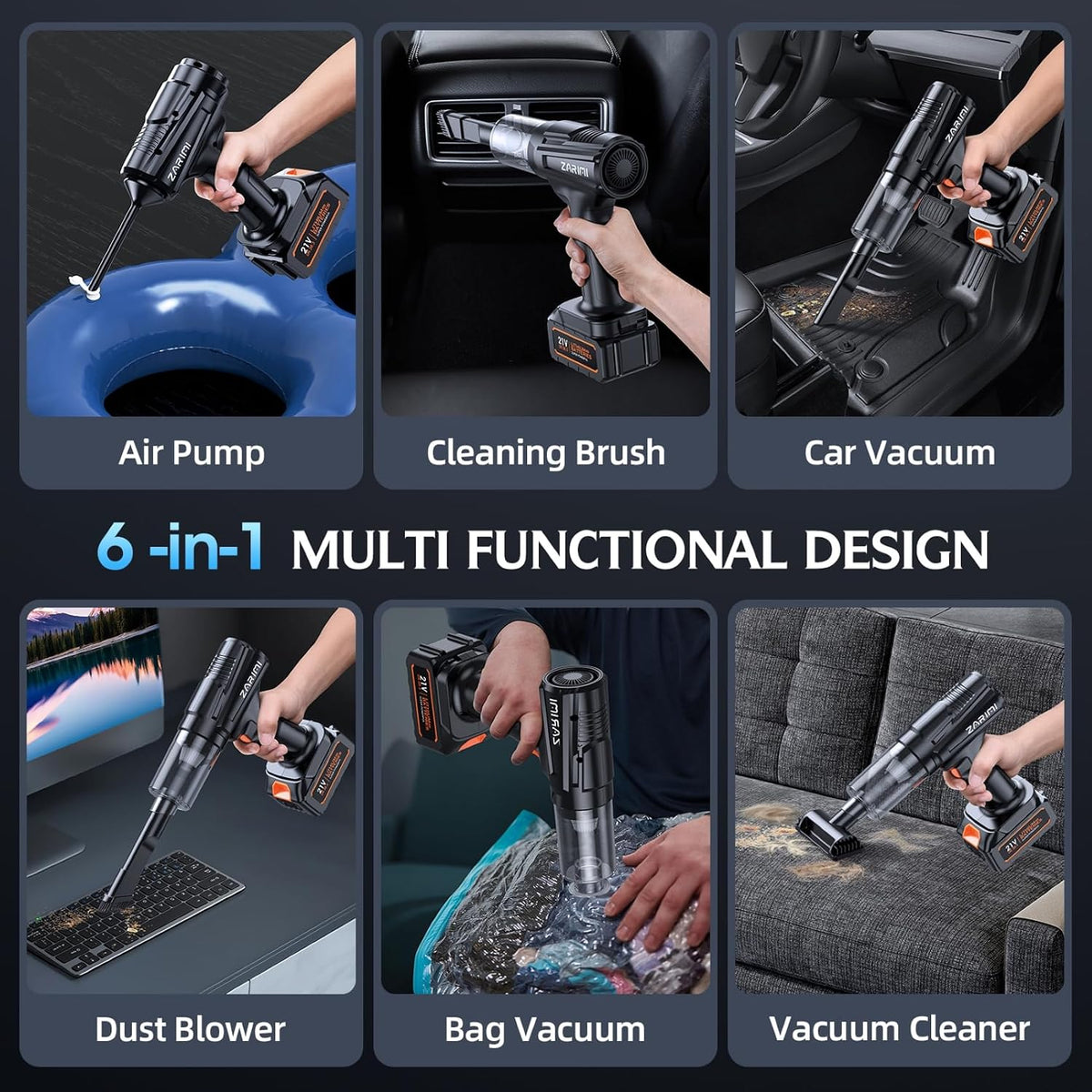 Car Vacuum Portable Cordless, 50000Pa Strong Suction Brushless Motor, Handheld Vacuum with 2 Batteries & Charger, 6-in-1 Rechargeable Vacuum Cleaners for Home, Pet Hair & Keyboard Ink Black